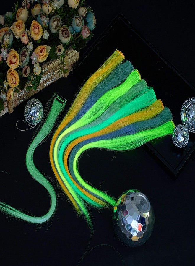 Juinte 20 Pcs Glow in The Dark Colored Hair Extensions 20 Inch Straight Color Clip Rainbow Halloween Party Hairpiece for Women, 10 Color(Dark Purple, Blue, Pink, Watermelon Red, Light Purple) - Image 3